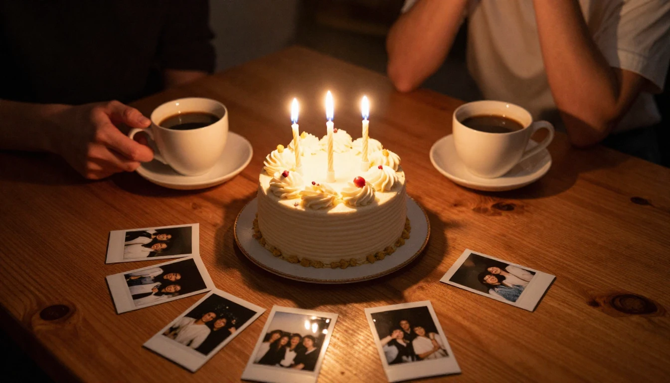 A warm and cozy birthday celebration scene on a rustic woode...