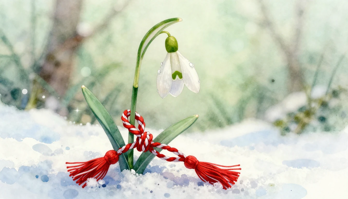 A delicate watercolor painting of a snowdrop flower emerging...