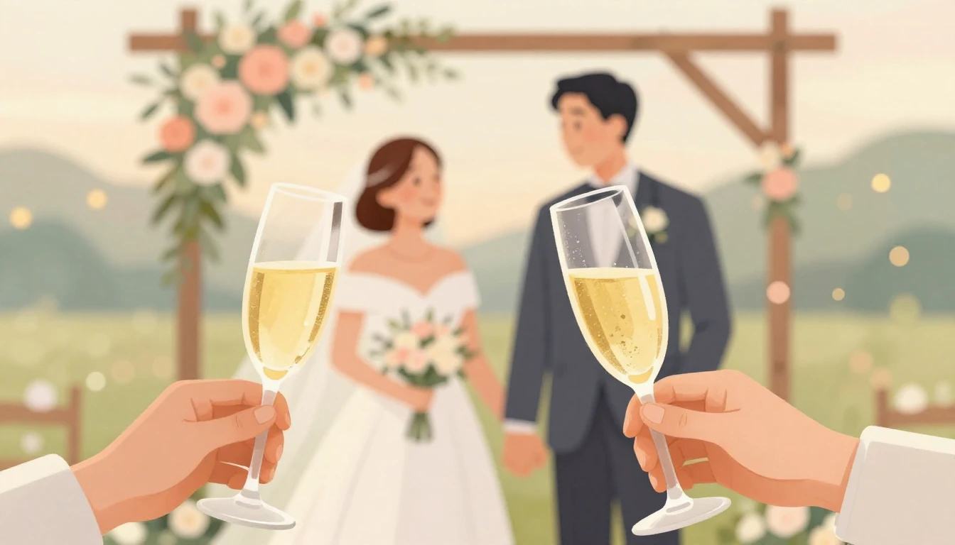 A warm and nostalgic illustration of a wedding setting outdo...