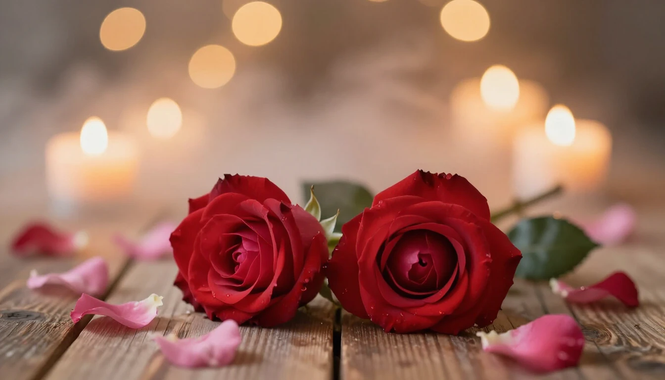 A soft and dreamy scene featuring two delicate red roses int...