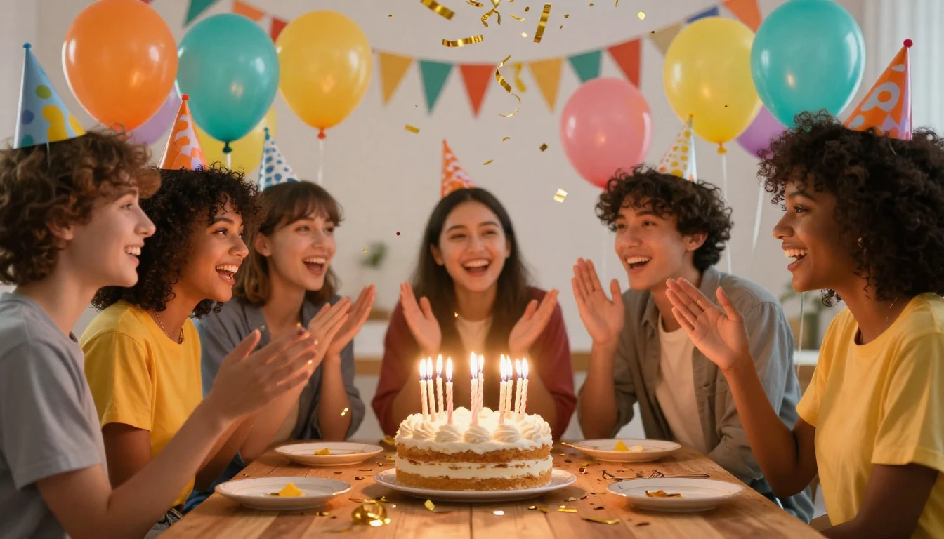 A vibrant and festive birthday celebration scene focused on ...
