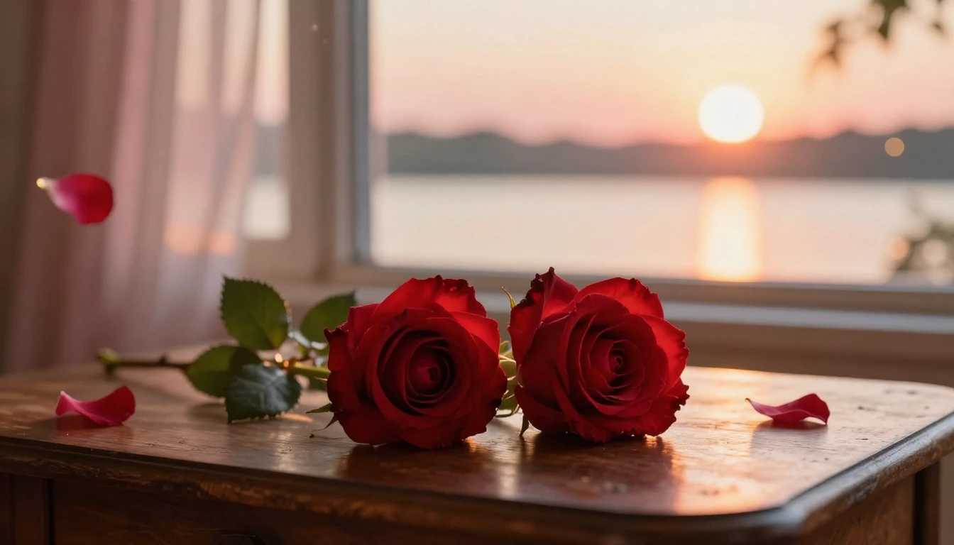 A beautiful and delicate scene featuring two intertwined red...