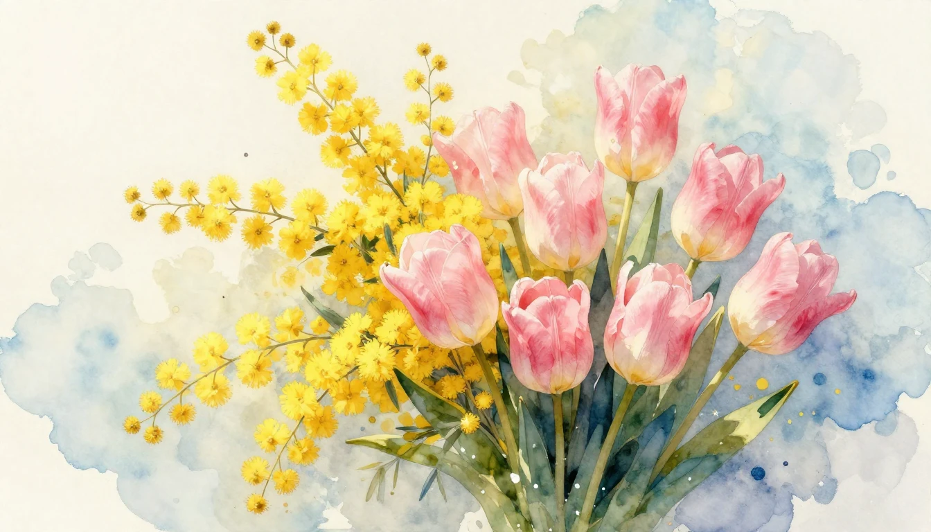An exquisite watercolor painting of a lush spring bouquet fe...