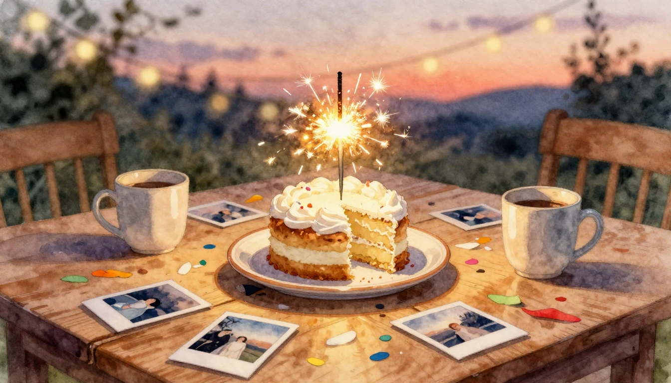 A cozy, intimate watercolor painting of a rustic wooden tabl...