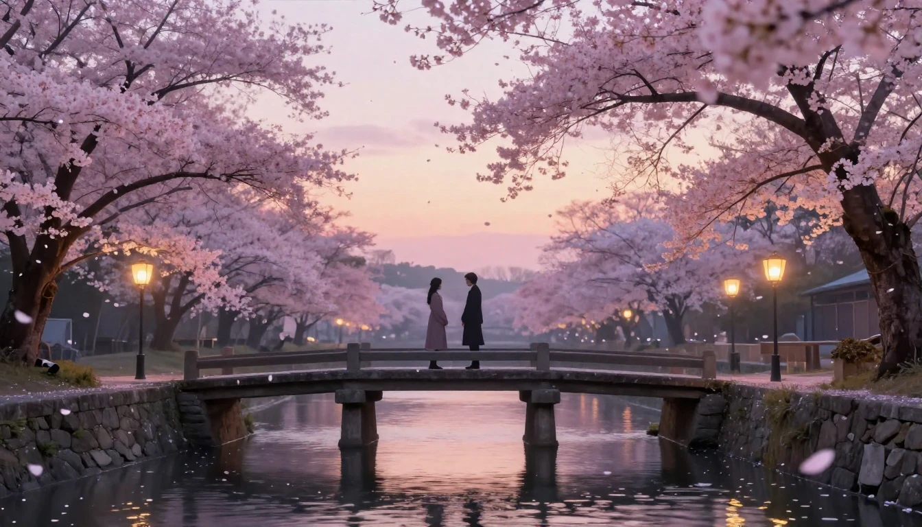 A dreamy and ethereal scene of two silhouettes standing on a...