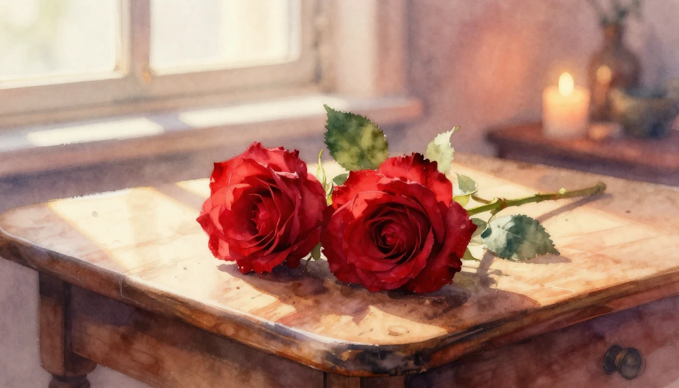 A beautiful watercolor painting of two intertwined red roses...