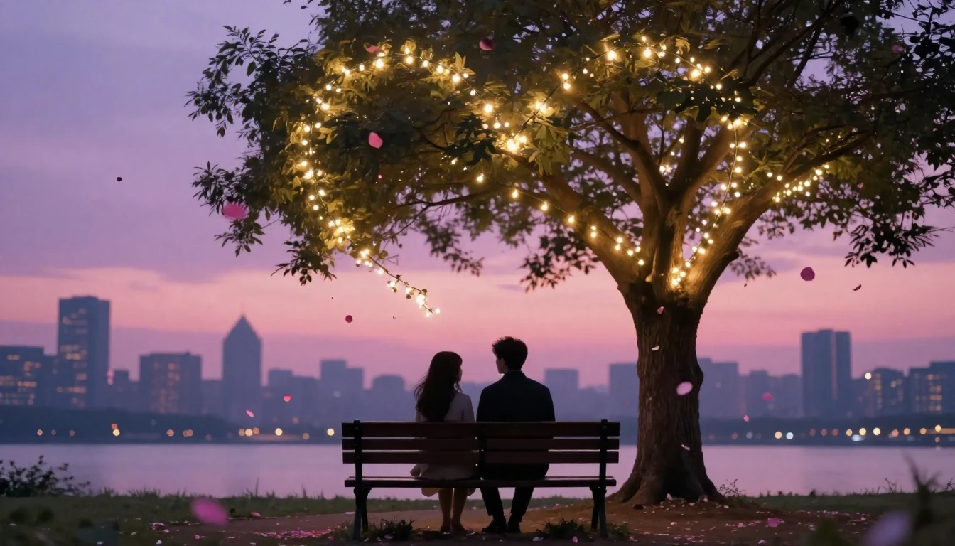 A romantic and intimate scene featuring two silhouette figur...