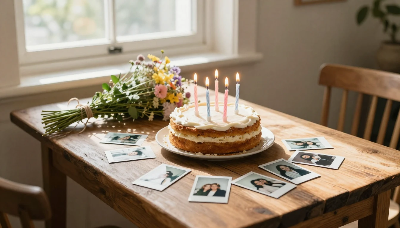 A warm and nostalgic birthday scene, a rustic wooden table w...