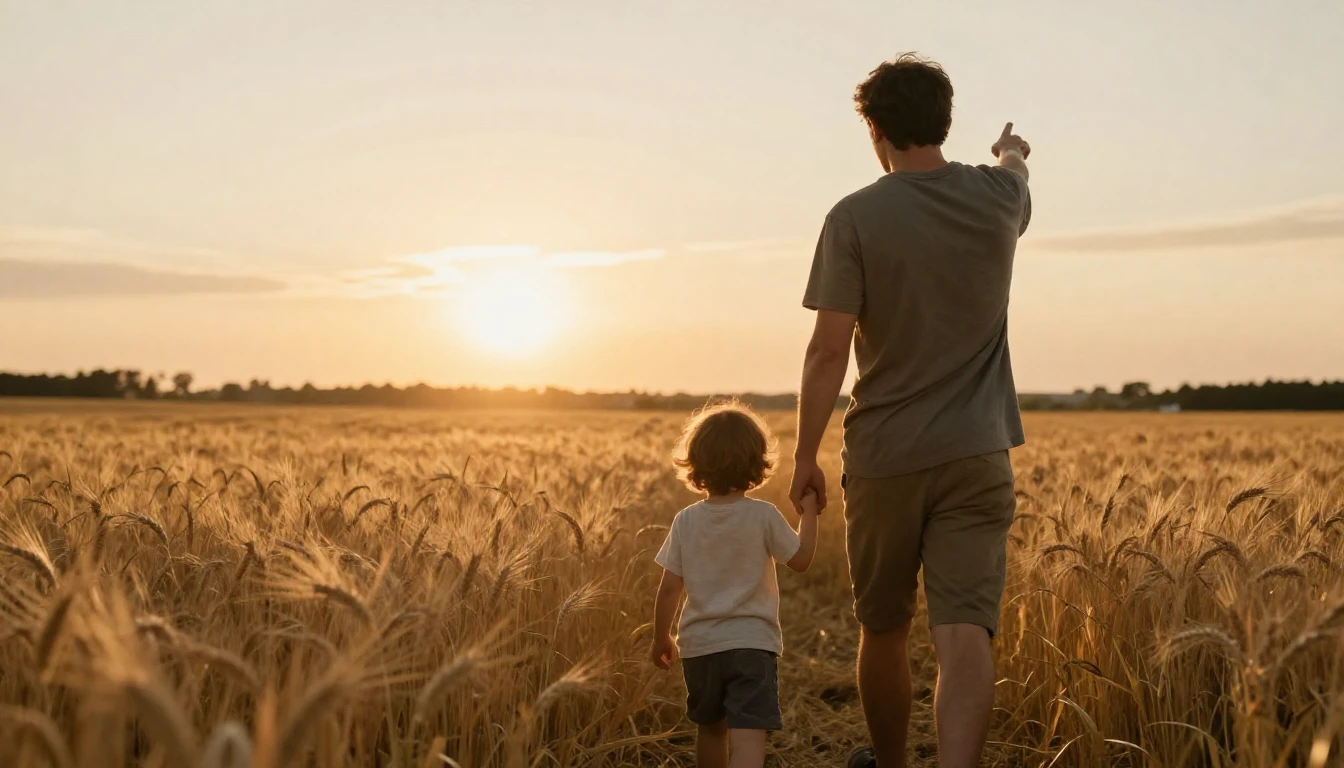 A heartwarming cinematic shot seen from behind of a father a...