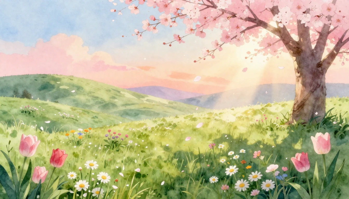 A beautiful watercolor painting of a lush green meadow at da...