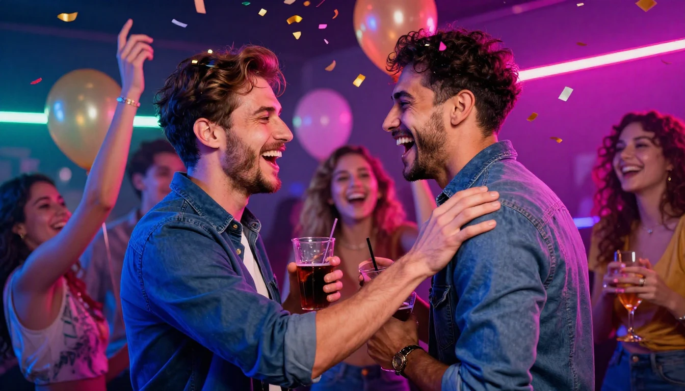 A vibrant and energetic party scene focusing on two best fri...