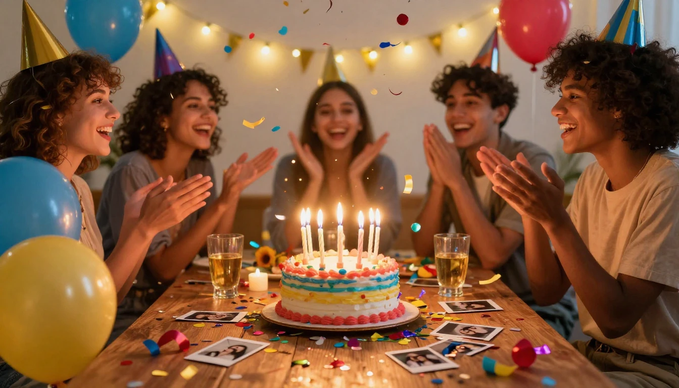 A joyful and vibrant scene showing a birthday party for a de...