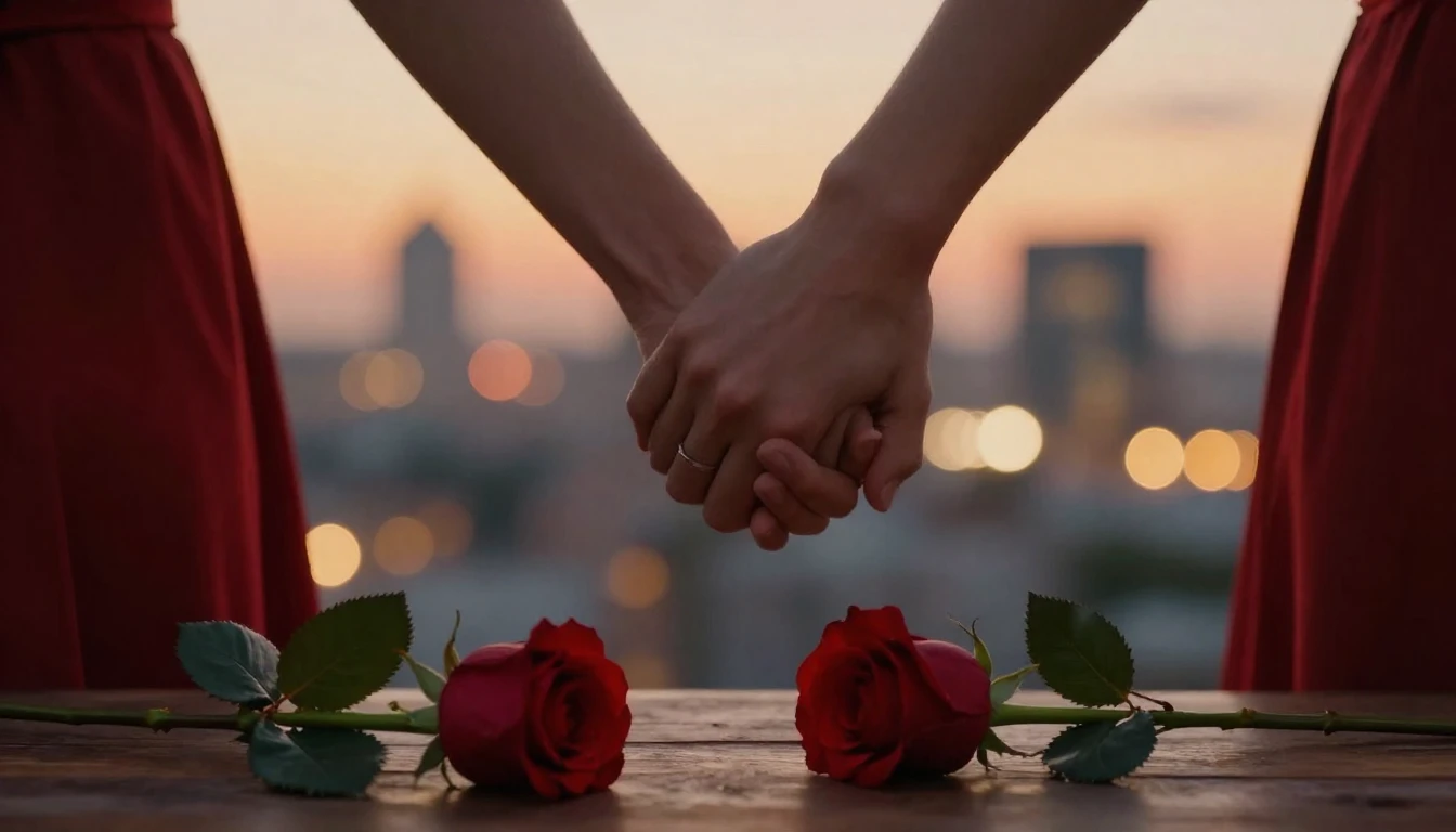 A romantic cinematic close-up shot of a couple holding hands...