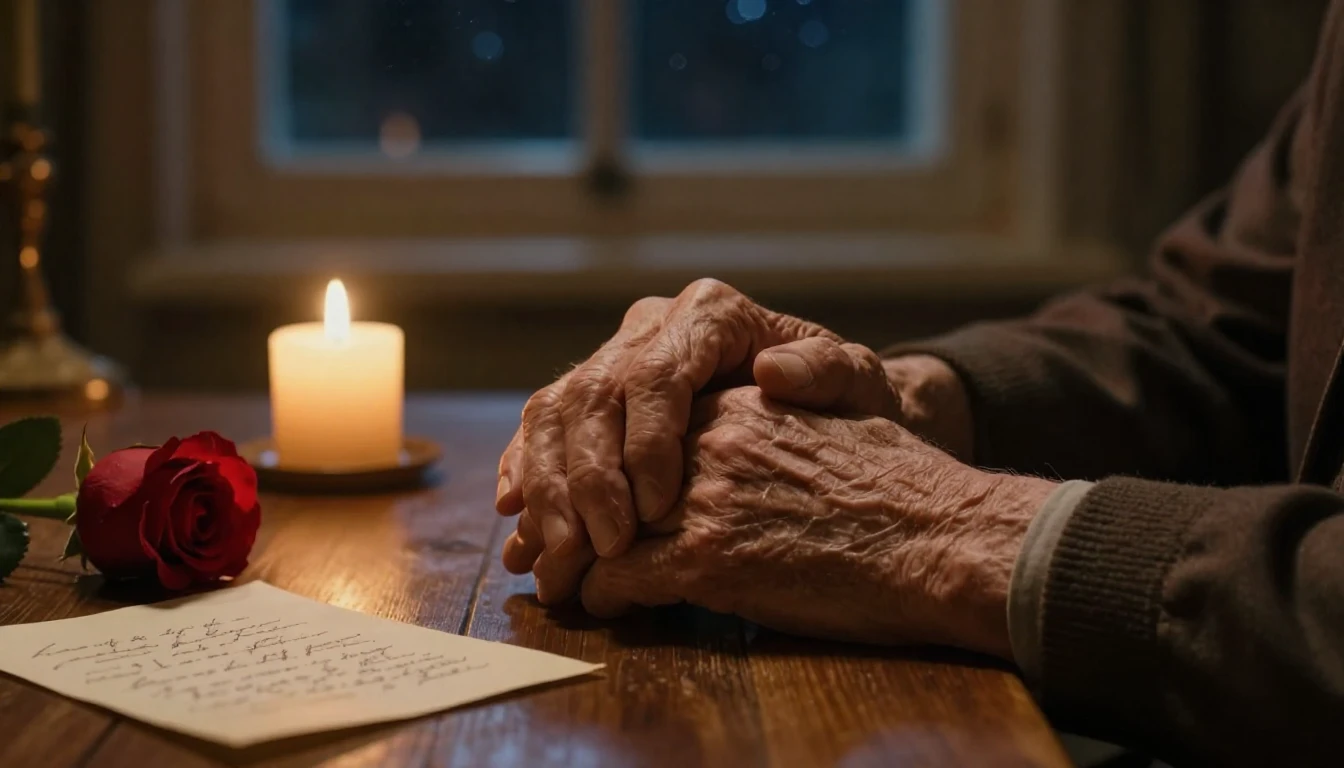 A cinematic close-up shot of two elderly hands holding each ...