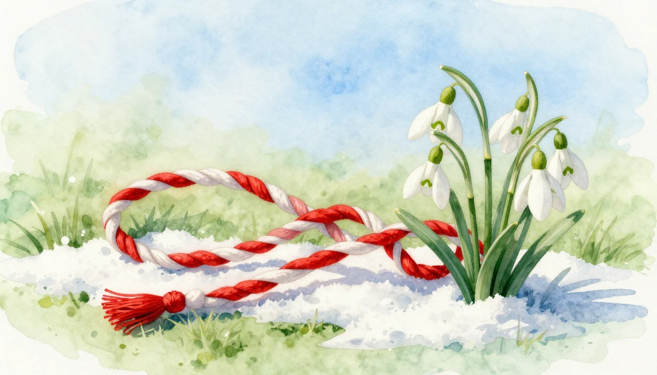 A delicate watercolor painting of a traditional Mărțișor sym...