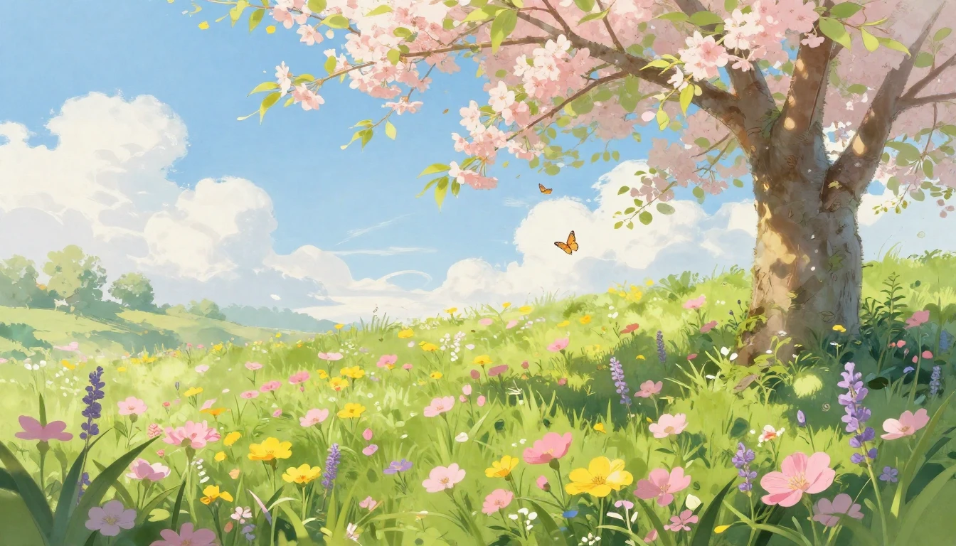 A vibrant and lush spring landscape. The scene features a me...