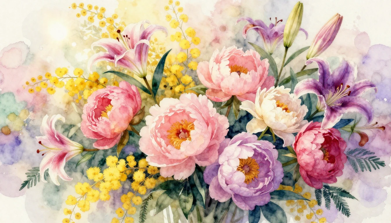 A vibrant watercolor painting featuring a lush bouquet of di...