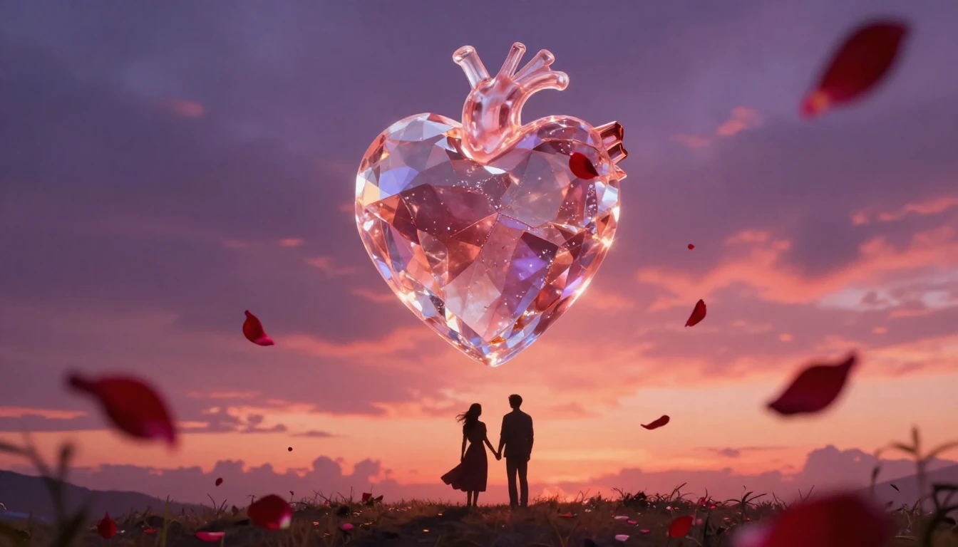 A cinematic shot of a glowing, translucent crystal heart sus...