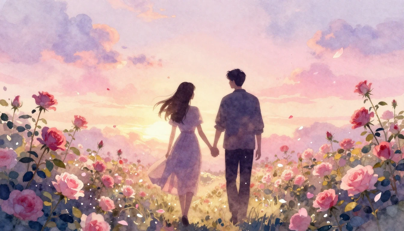 A beautiful watercolor painting of two silhouettes walking h...