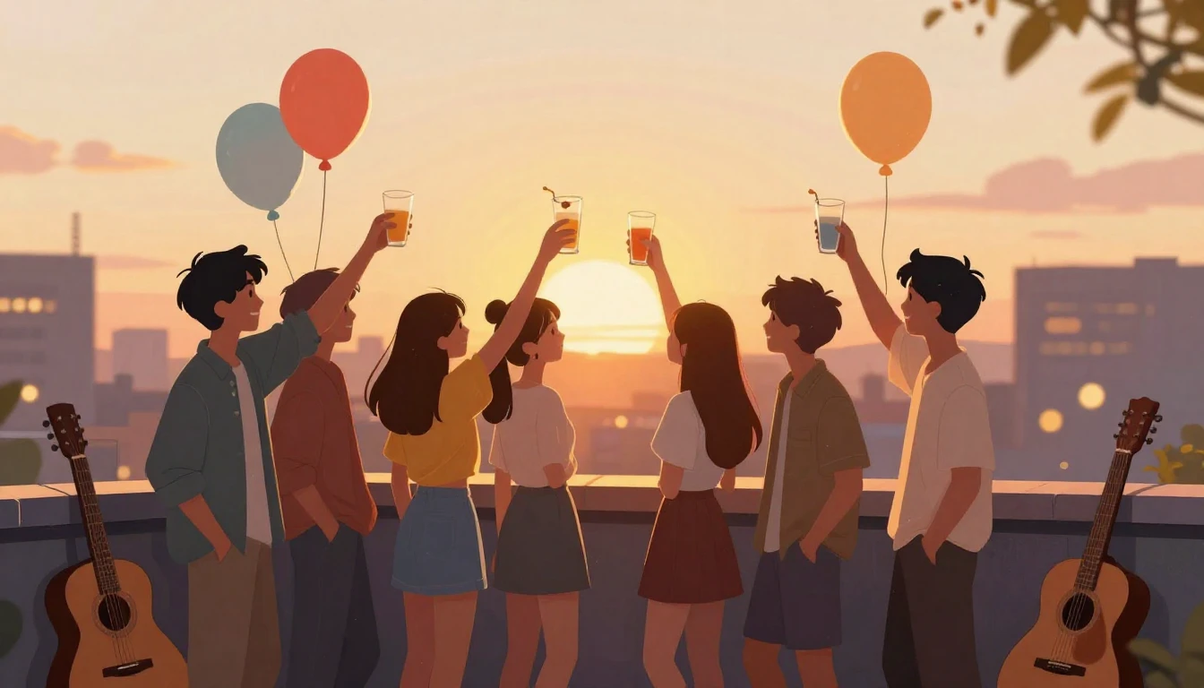 A heartwarming digital illustration of a group of friends ce...