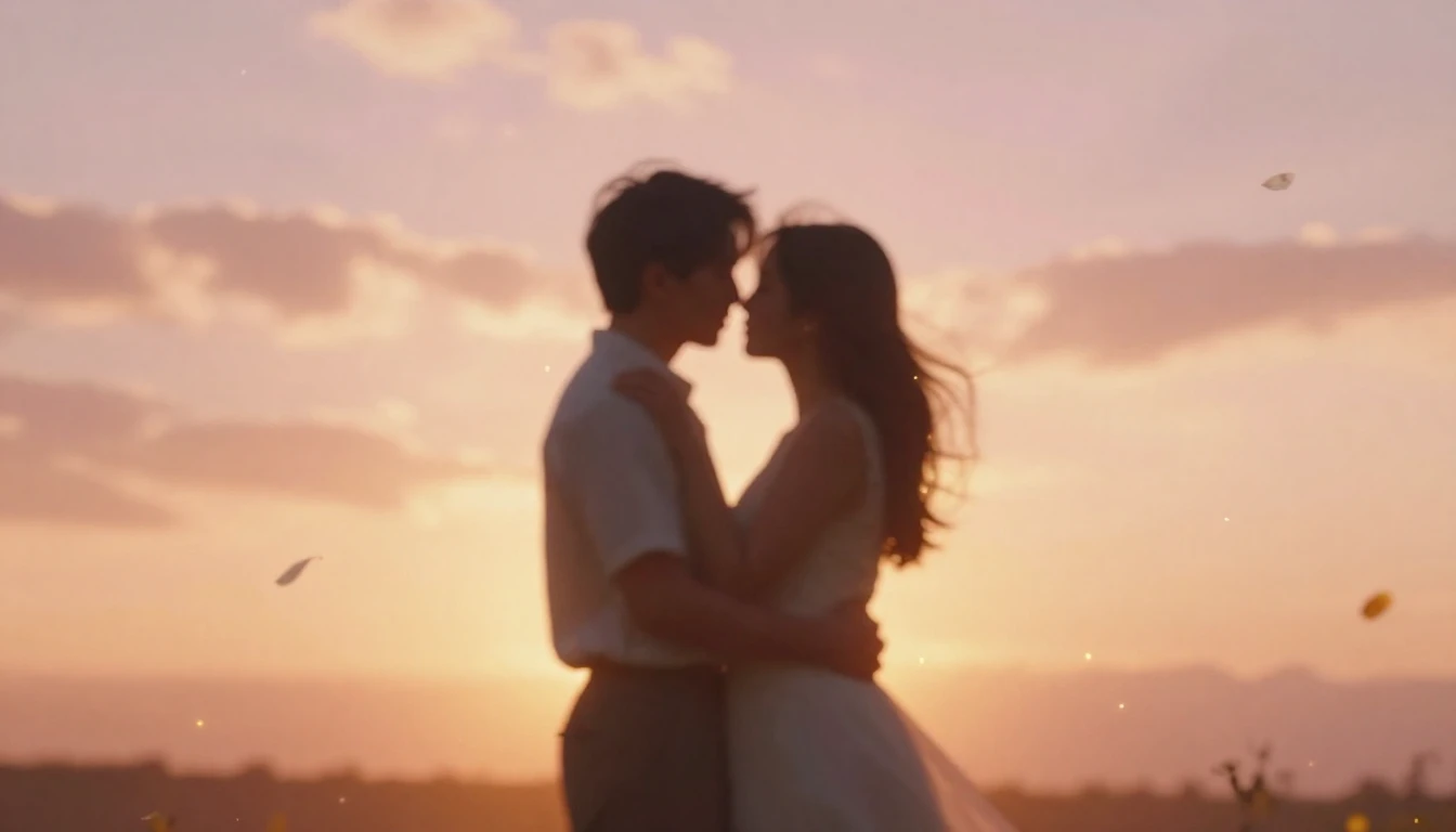 Create a warm and romantic album cover. The scene is a soft-...