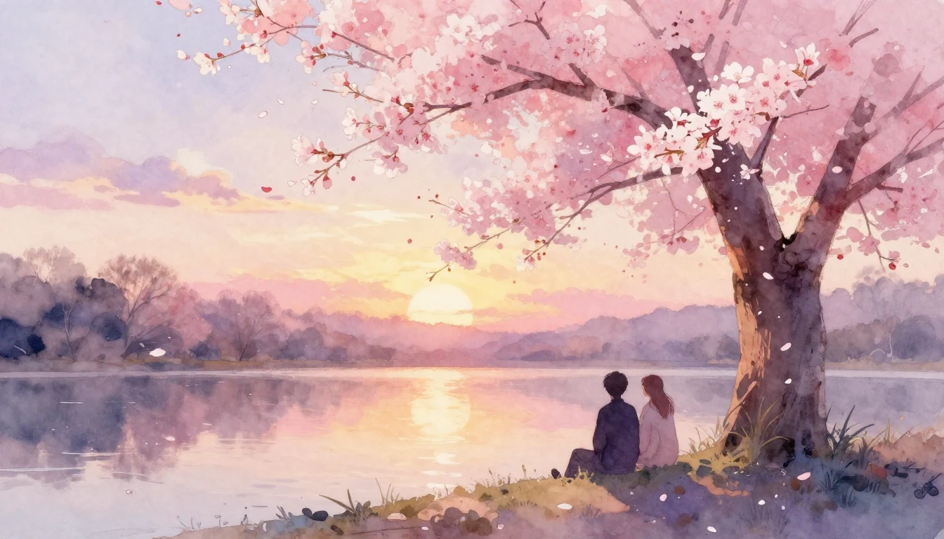A dreamy and romantic watercolor painting of two silhouettes...