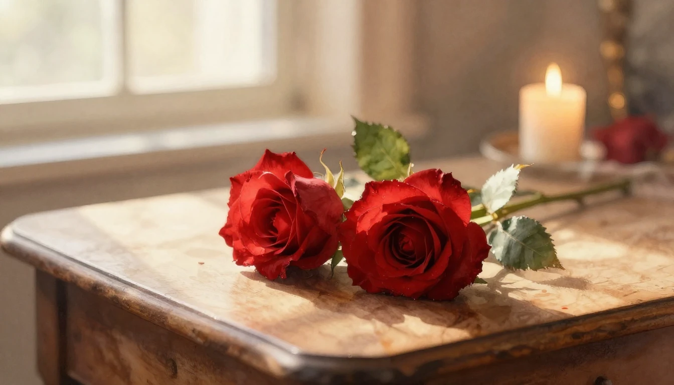 A delicate watercolor painting of two intertwined red roses ...