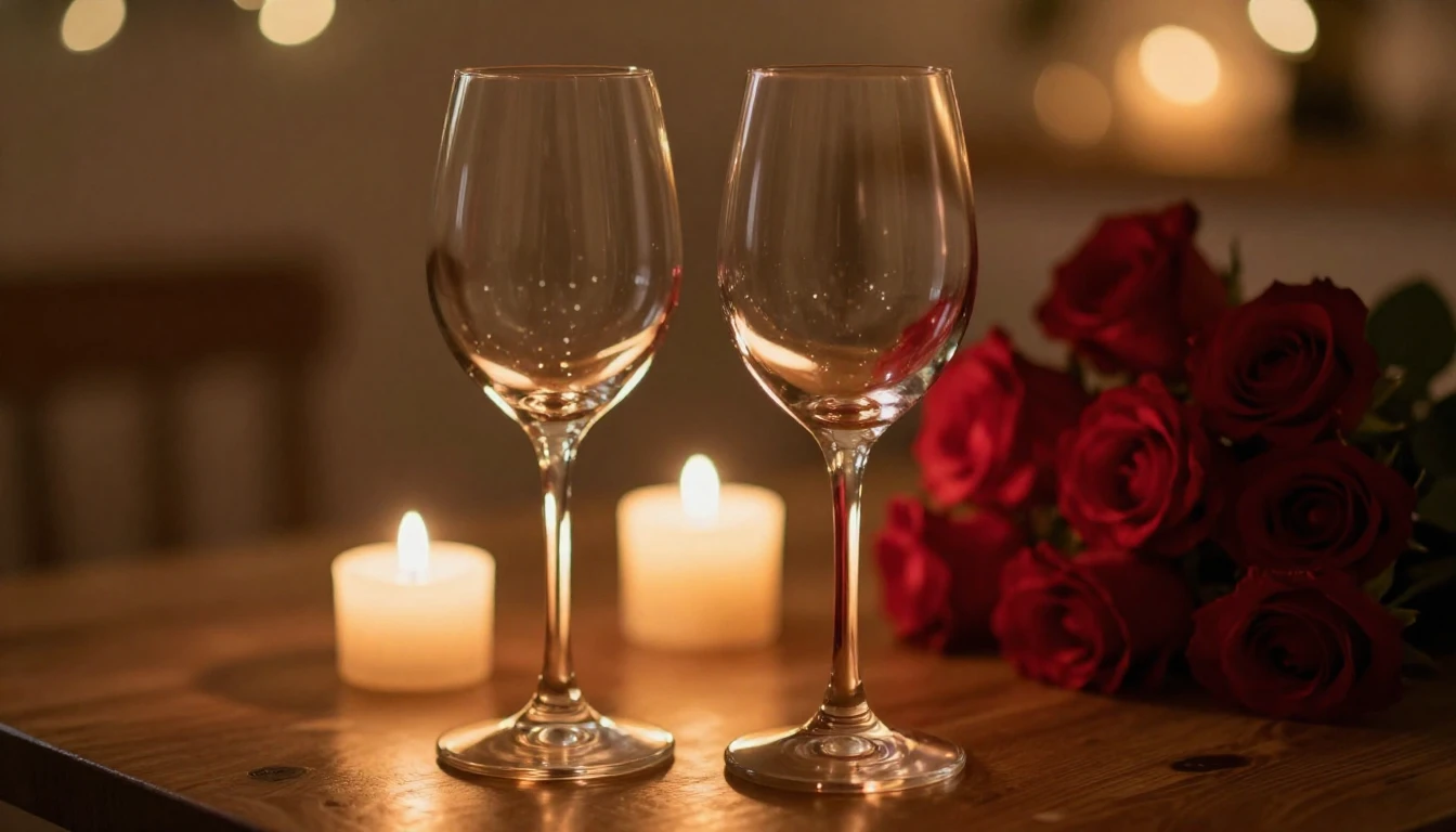 A close-up shot of two elegant wine glasses on a wooden tabl...