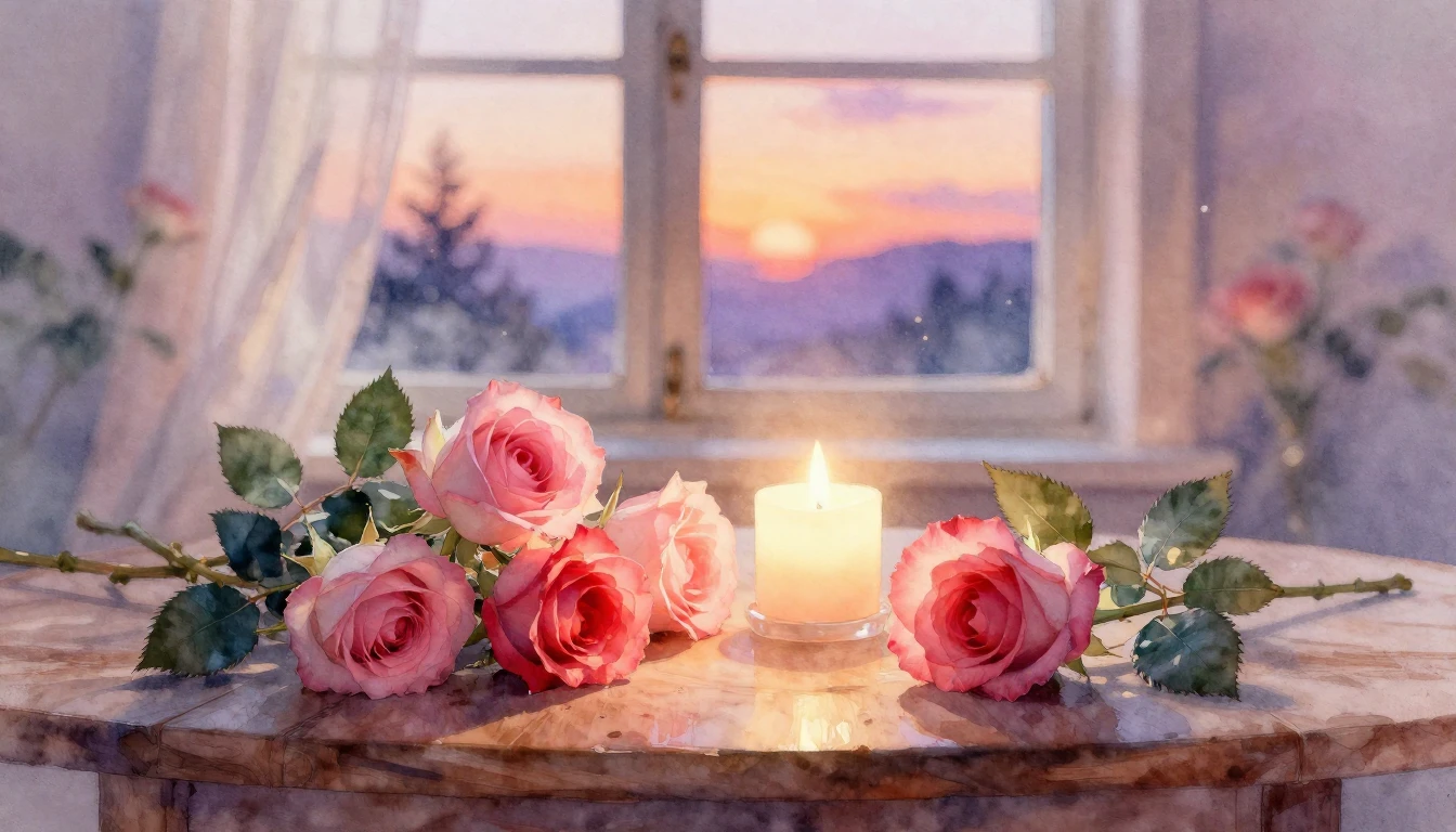 A beautiful watercolor painting of a soft, romantic scene. D...