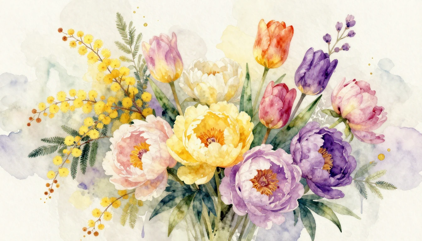 A vibrant watercolor painting featuring a diverse bouquet of...