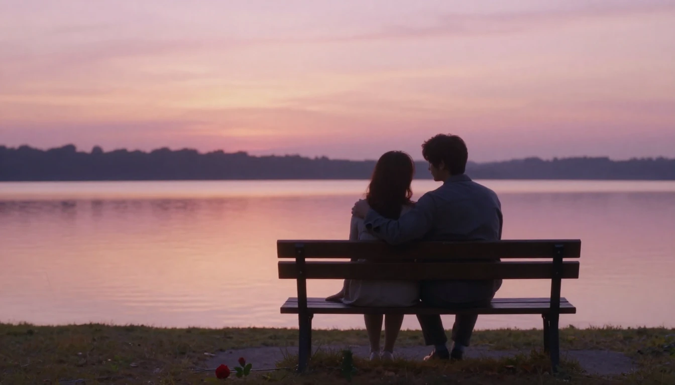 A soft and dreamy romantic scene featuring a silhouette of a...