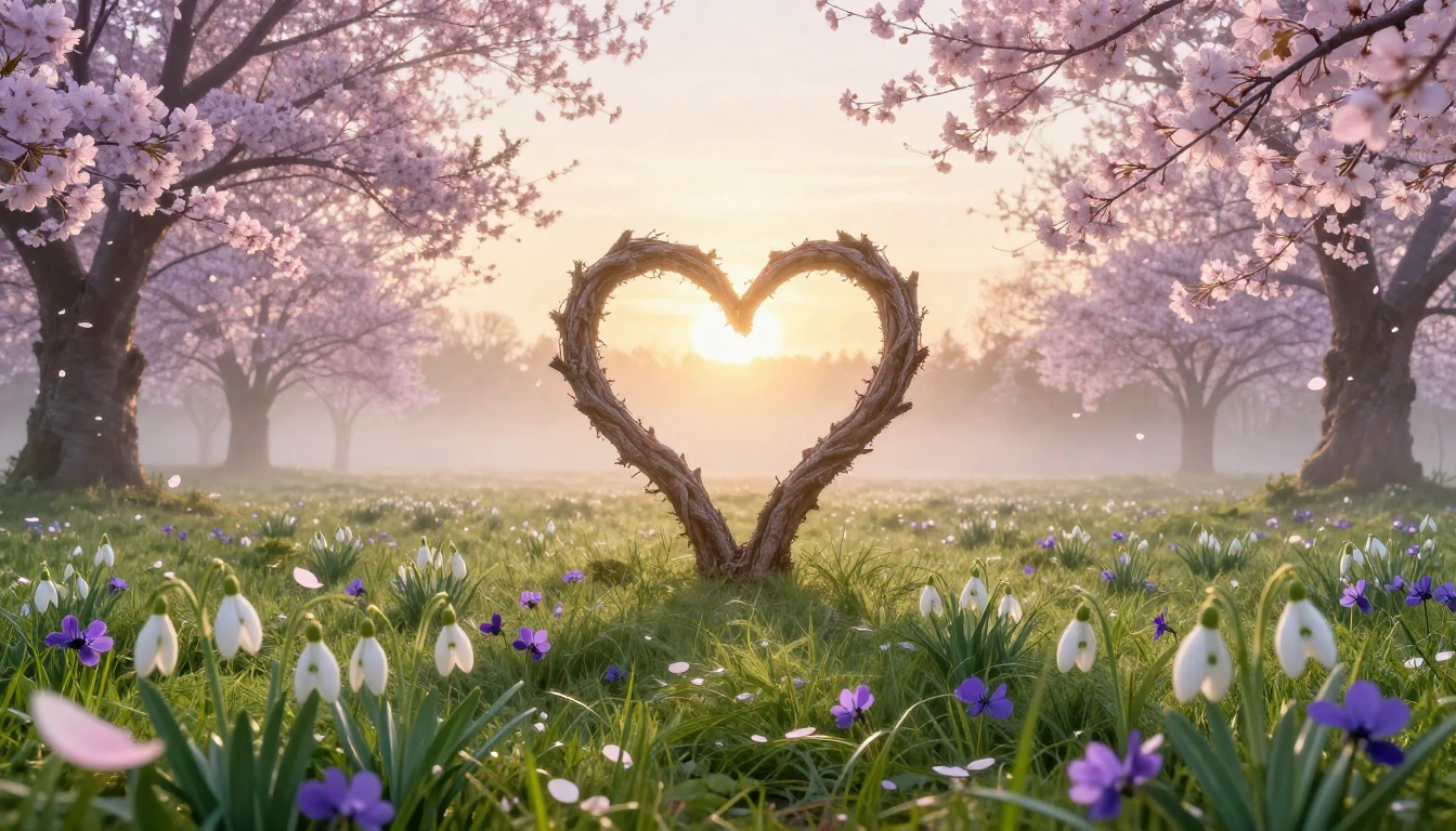 A breathtaking landscape of a blooming meadow at dawn during...