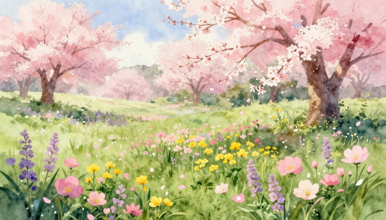 A beautiful watercolor painting of a lush spring meadow fill...