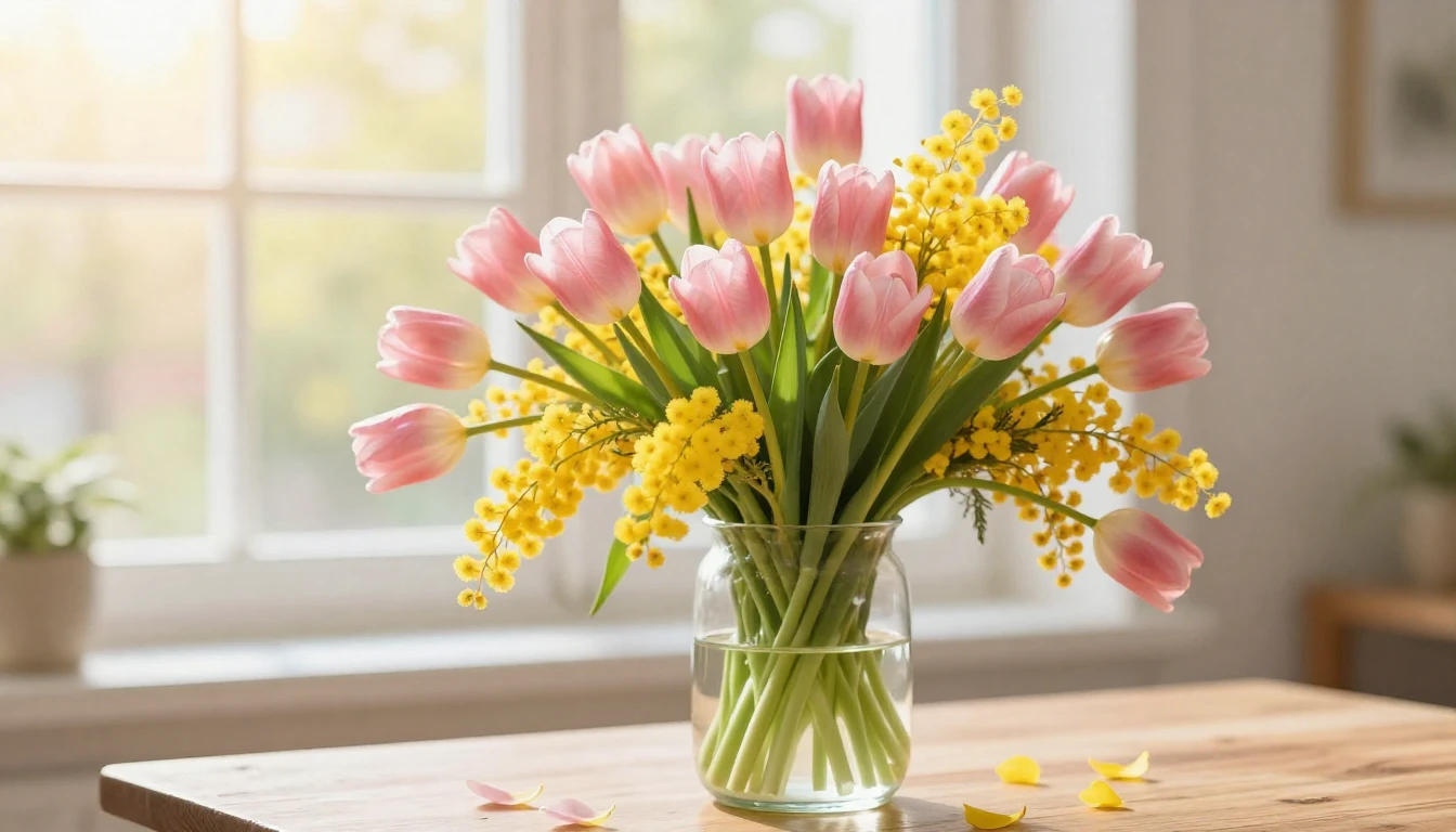 A beautiful and vibrant spring scene featuring a lush bouque...