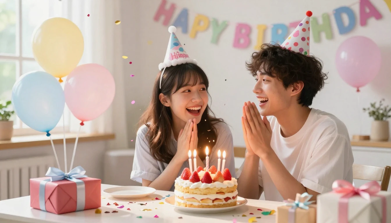 A joyful scene of two young friends celebrating a birthday i...