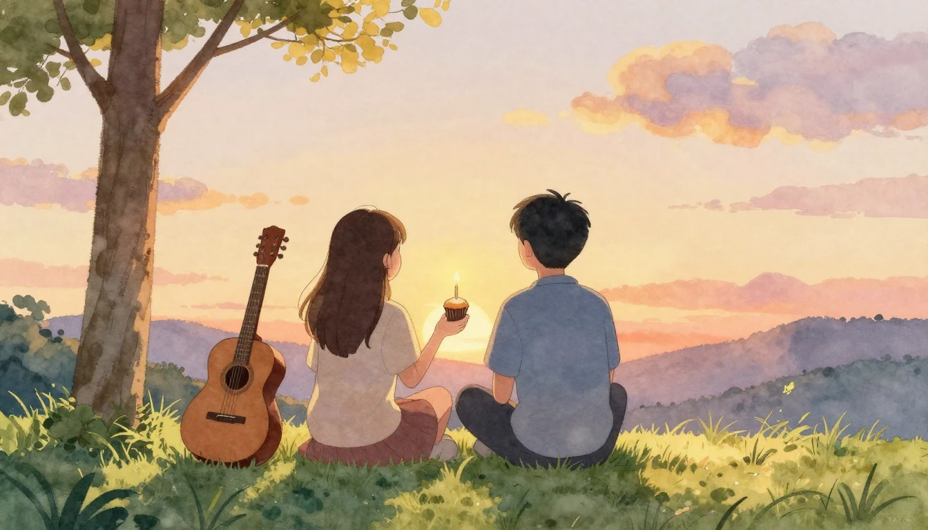 A heartwarming watercolor painting showing two friends sitti...