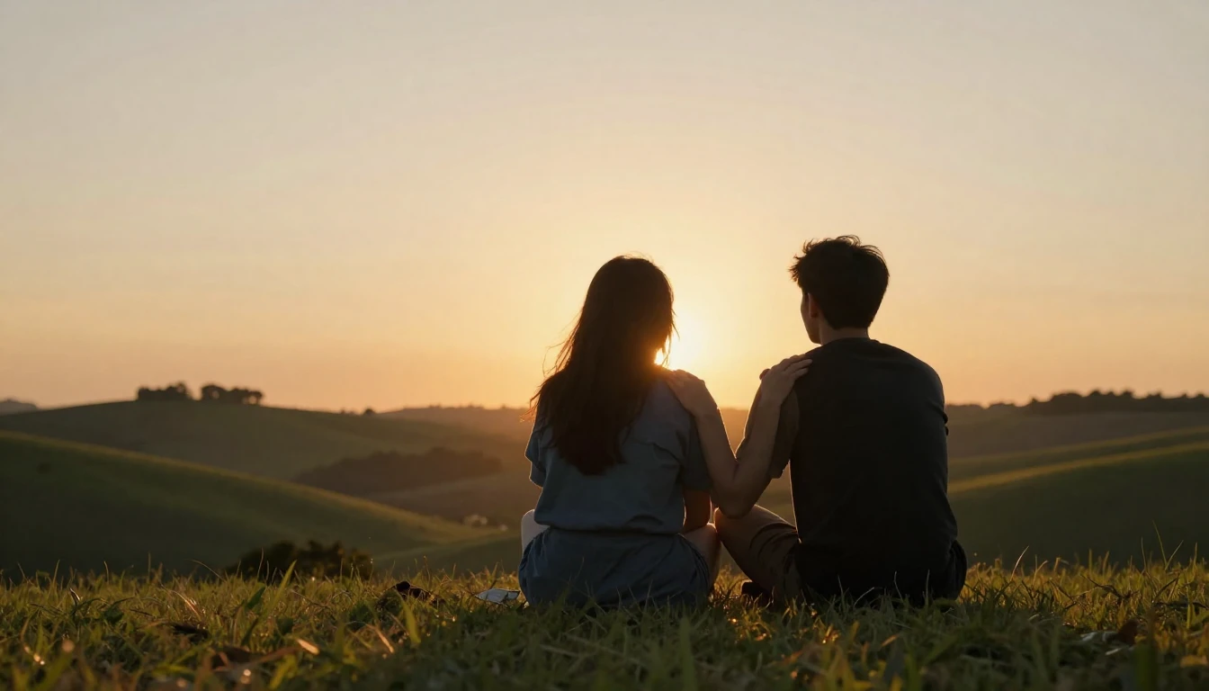 Two friends sitting side by side on a grassy hill overlookin...