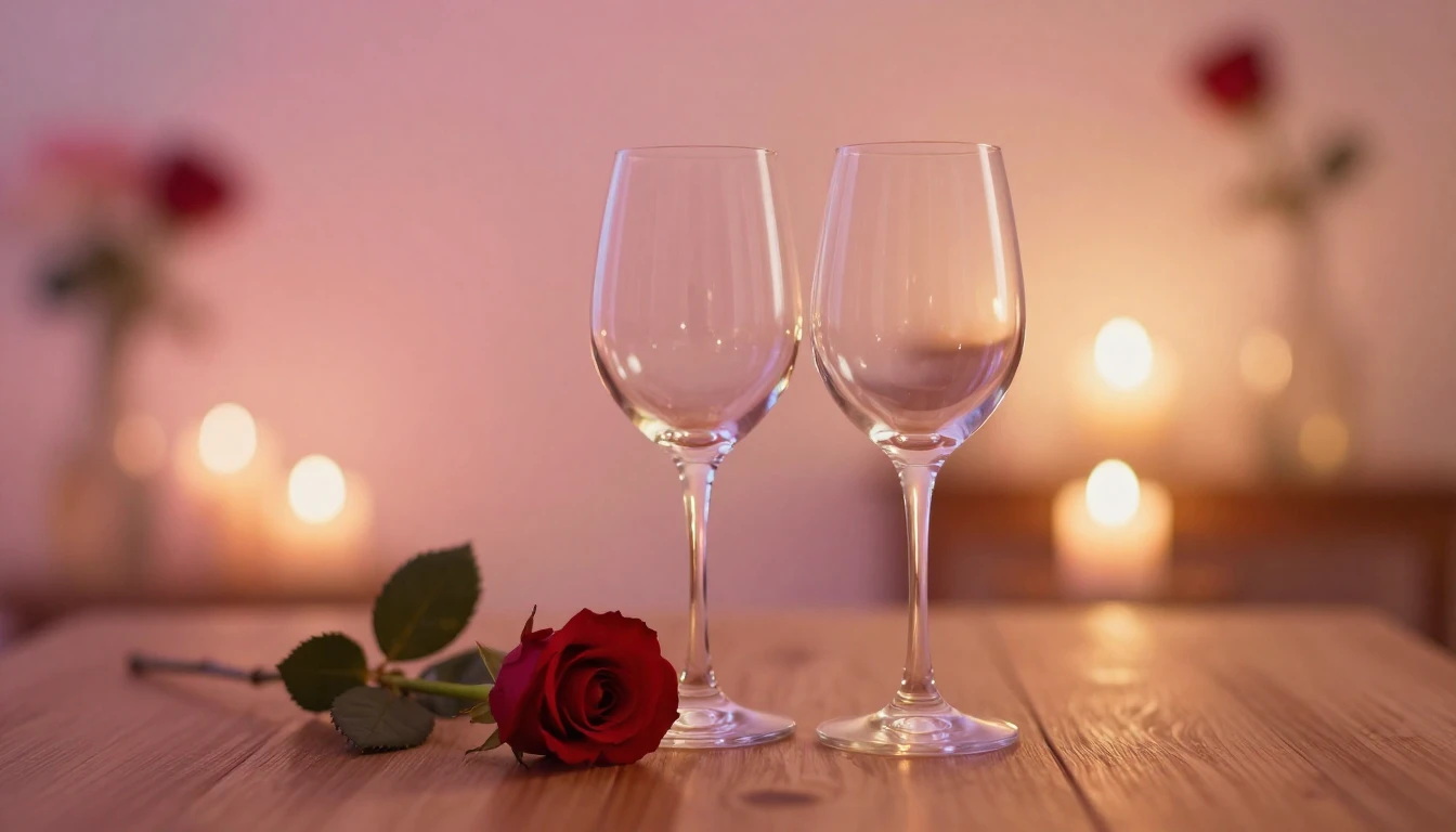 A dreamy and romantic scene featuring two elegant wine glass...