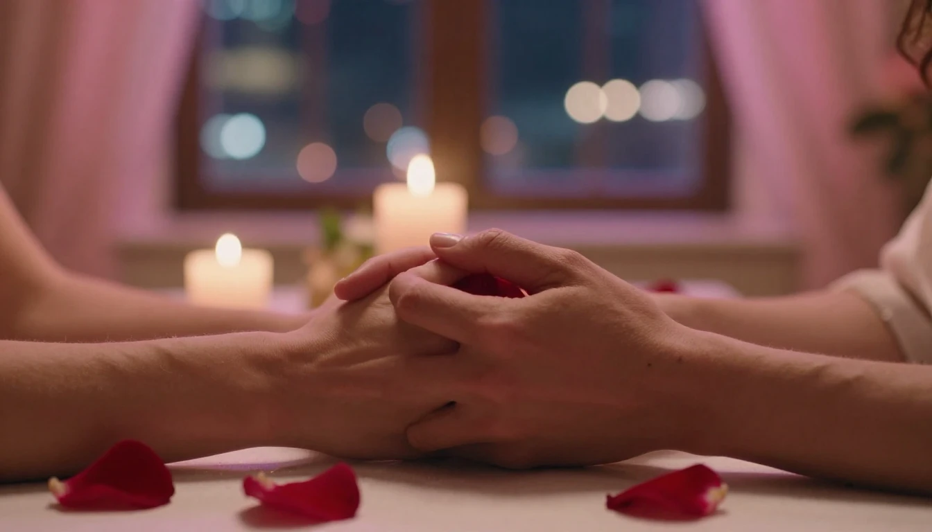 A romantic cinematic close-up shot of two hands holding each...