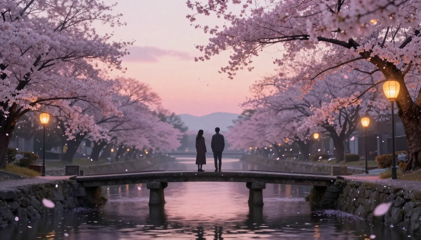 A dreamy and ethereal scene of two silhouettes standing on a...