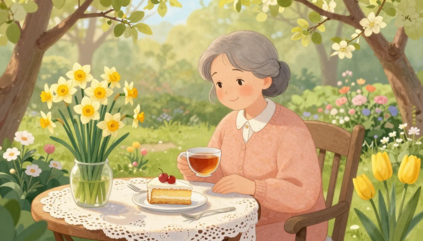 A heartwarming illustration of a sweet grandmother sitting i...
