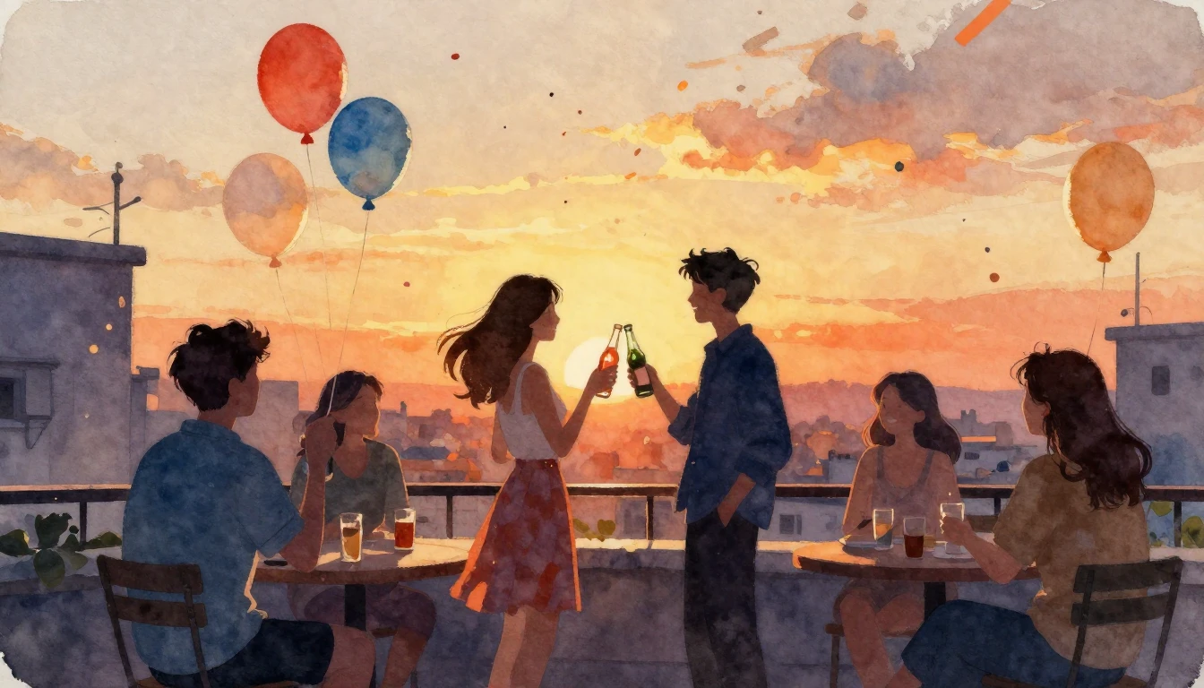 A heartwarming watercolor painting of a group of friends cel...