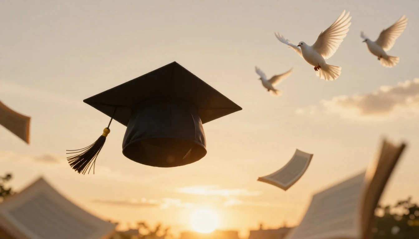 A low-angle cinematic shot of a black graduation cap thrown ...