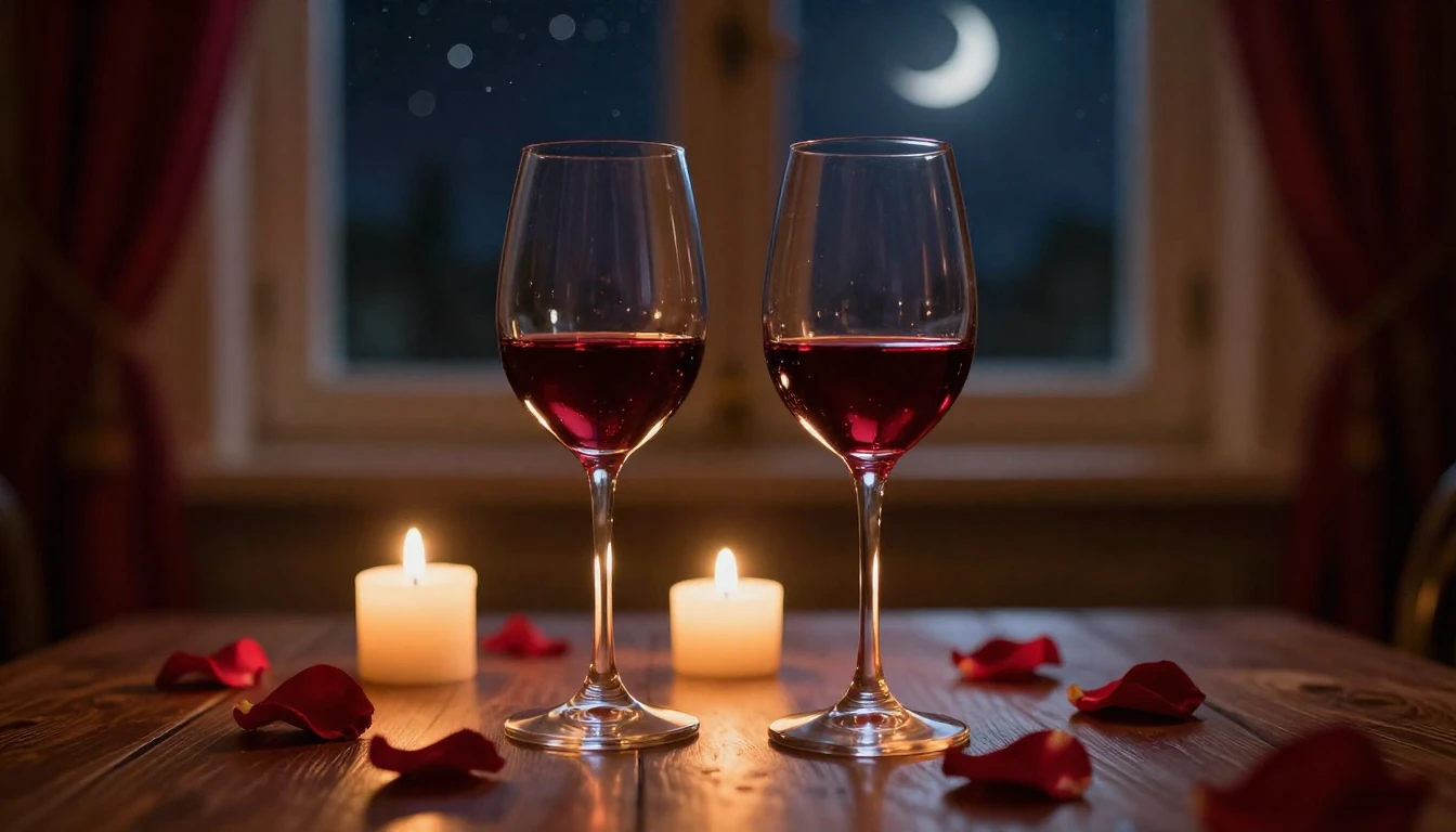 A breathtakingly romantic scene featuring two elegant wine g...
