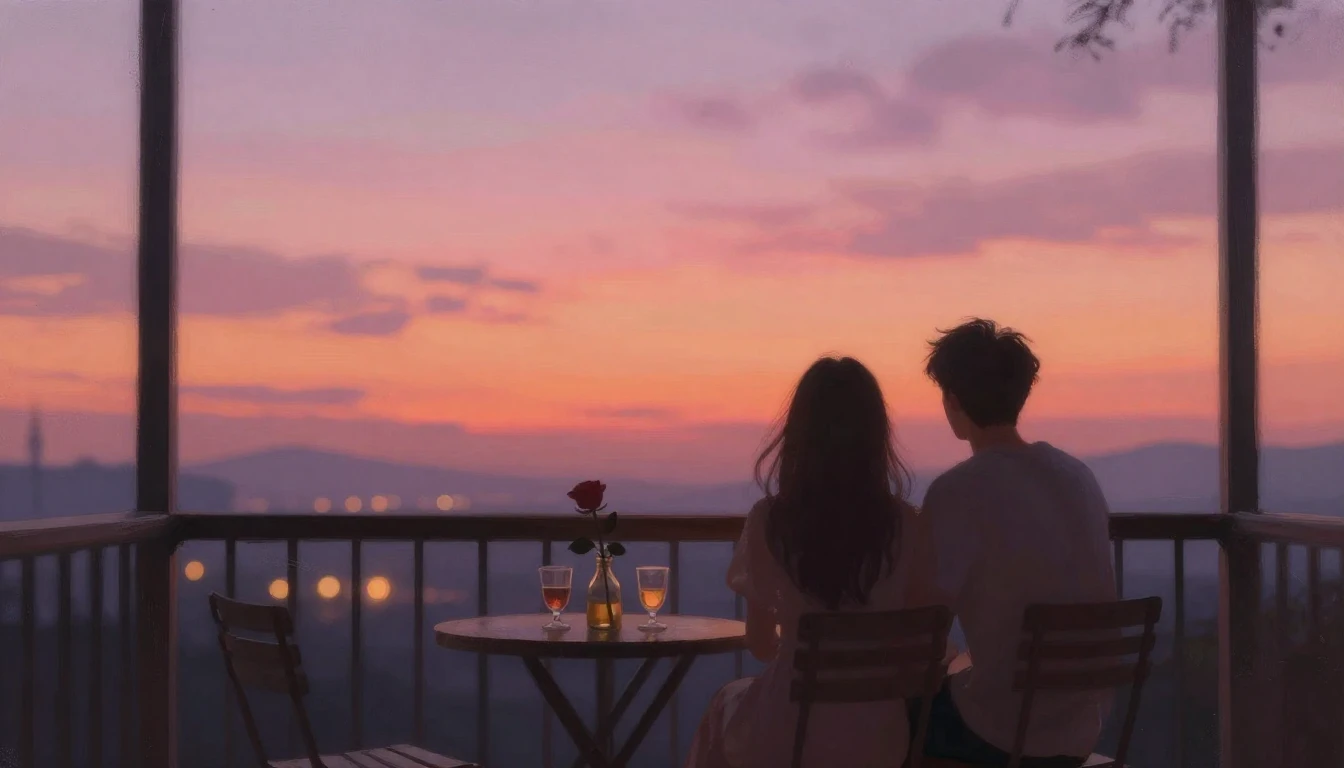 A romantic and dreamy scene of two silhouettes sitting toget...