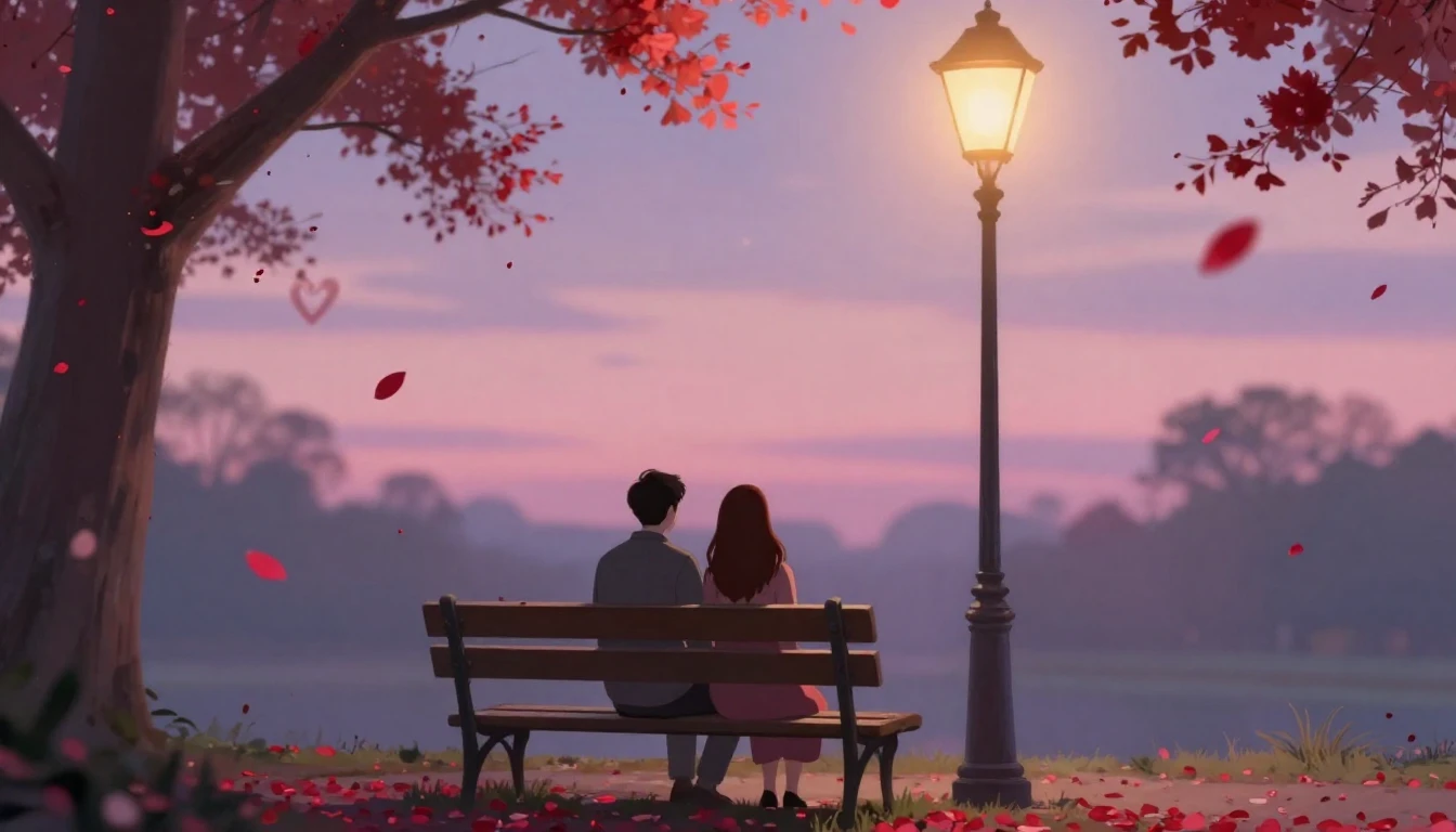 A romantic and soft composition depicting a couple sitting o...