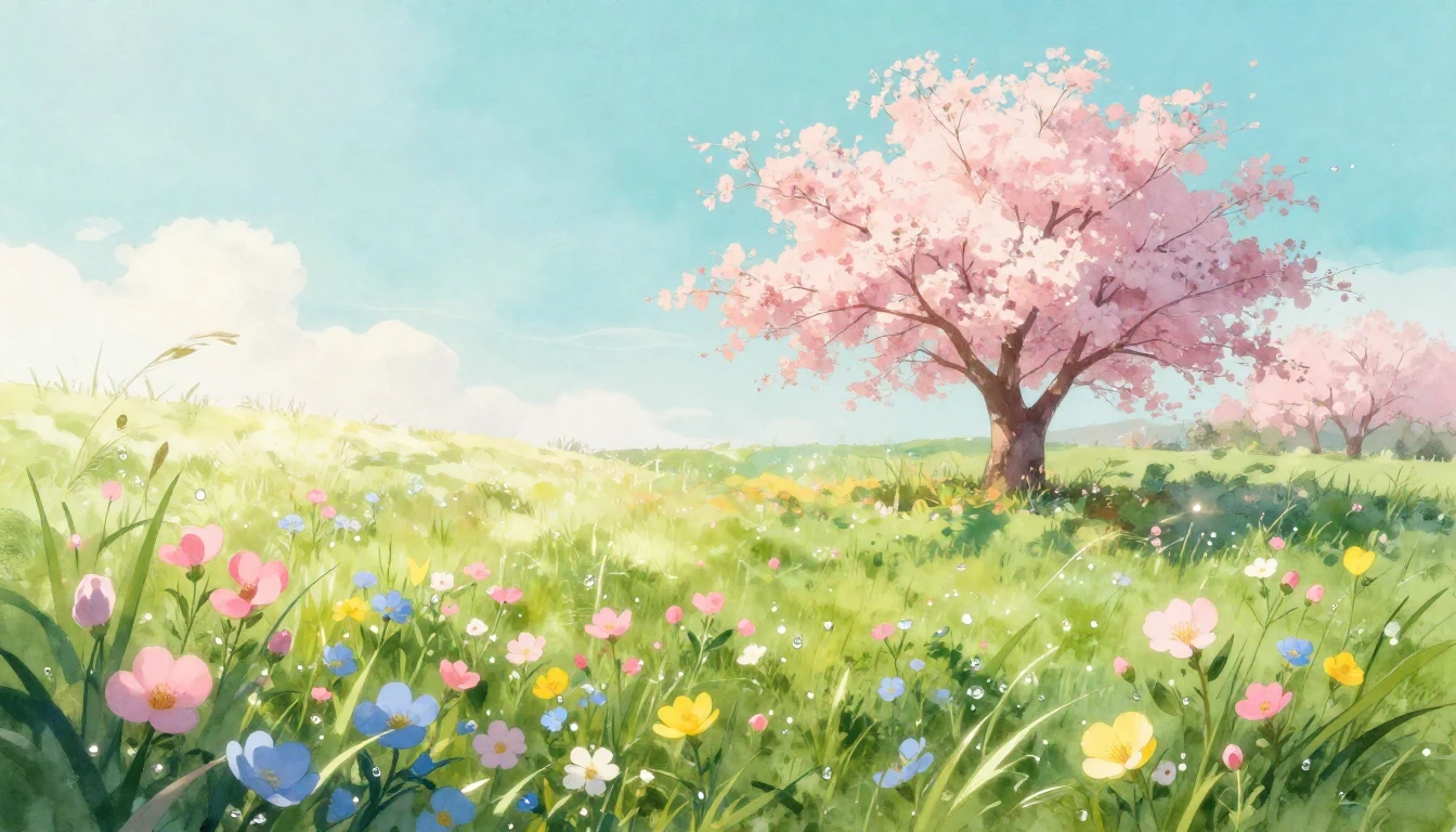 A breathtaking watercolor illustration of a vibrant spring m...