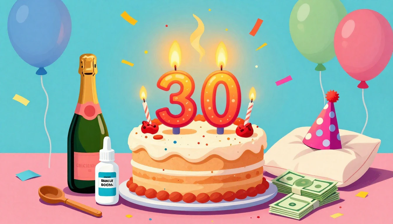 A humorous and colorful birthday illustration featuring a ch...