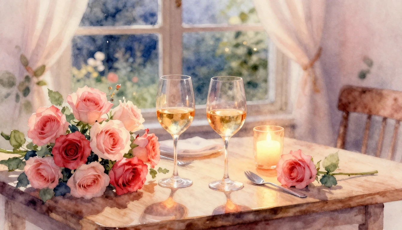 A beautiful watercolor painting of a cozy, romantic dinner s...