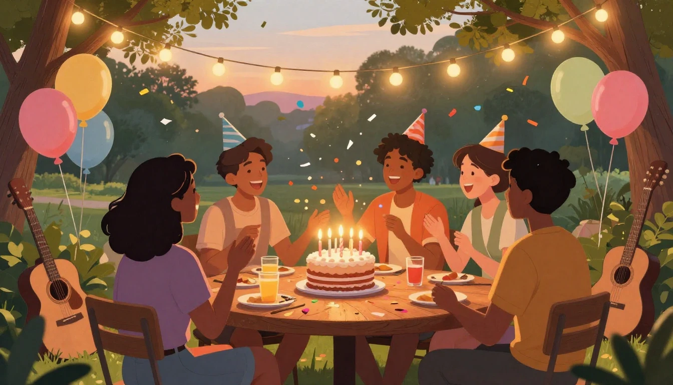 A warm and festive illustration of a group of diverse friend...